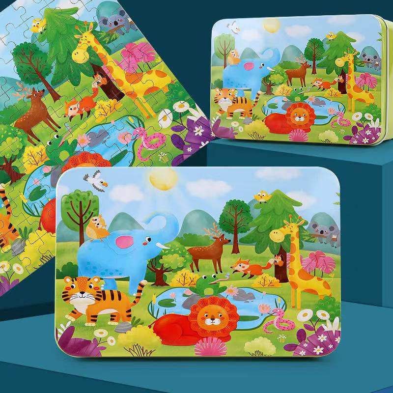 Children'S Jigsaw Puzzle 208 Pieces Iron Boxed Early Education Puzzle Wooden Animal Traffic Jigsaw Puzzle Toy Gift - Image 1